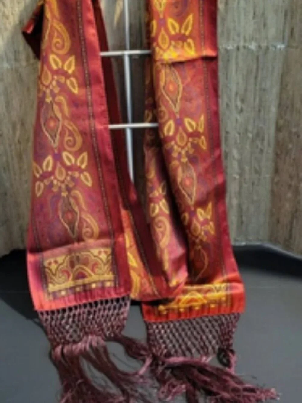 Vintage Echo Silk Tassel Scarf – Rust & Gold Paisley, 80” Bohemian Luxe